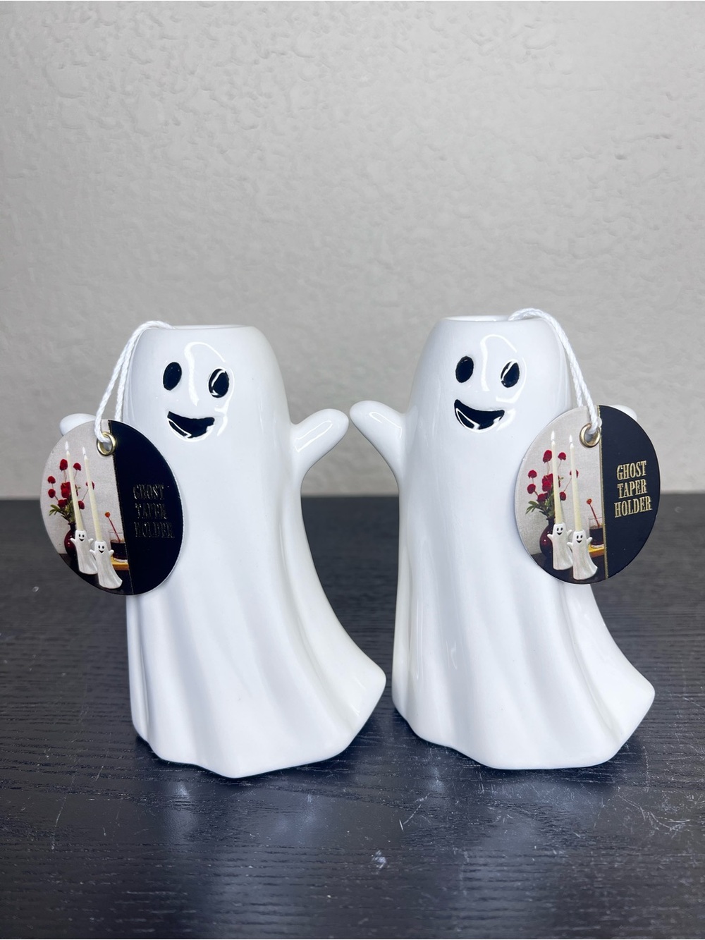 NEW 5” Ceramic Halloween Ghost Taper Holder Set of 2